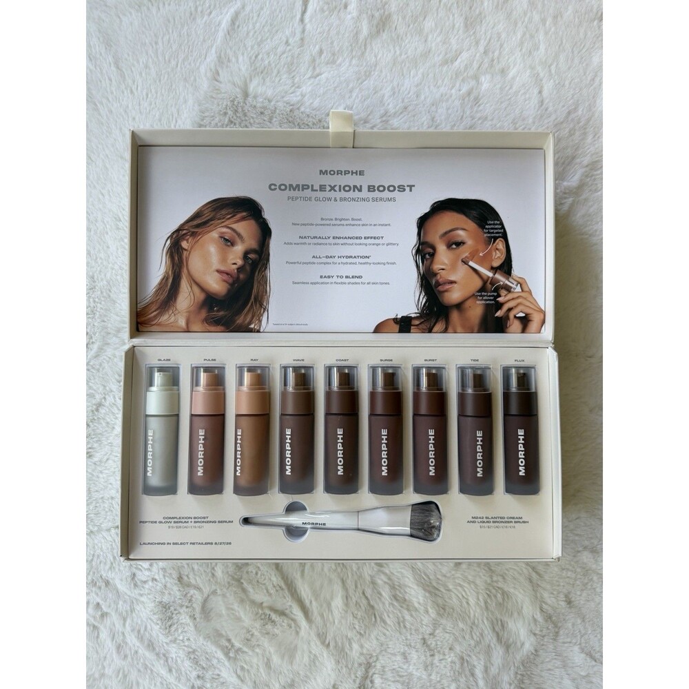 Morphe Complexion Boost Peptide Serum PR Vault Box Set Glow Bronzer Brush NEW